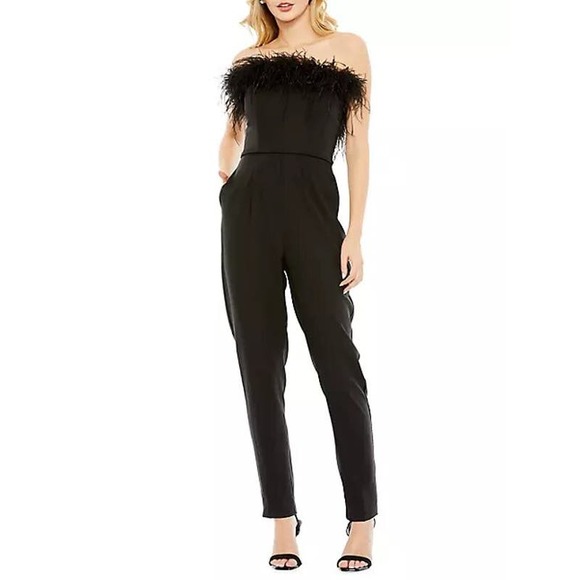Mac Duggal Feathered Strapless Jumpsuit Back Zip Black Women's Size 12 NWT